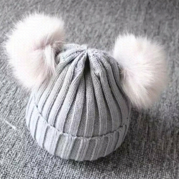 Gray Knitted Children’s Beanie with 2 Pom Poms - Picture 1 of 4